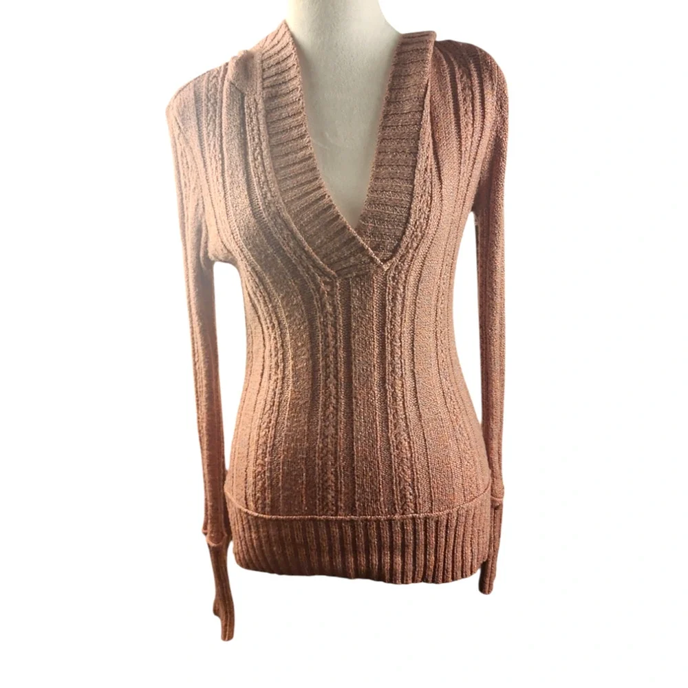 Maurices Women's Med Pink Sweater Hooded V-Plunge Neckline Knit Pullover - Picture 3 of 8